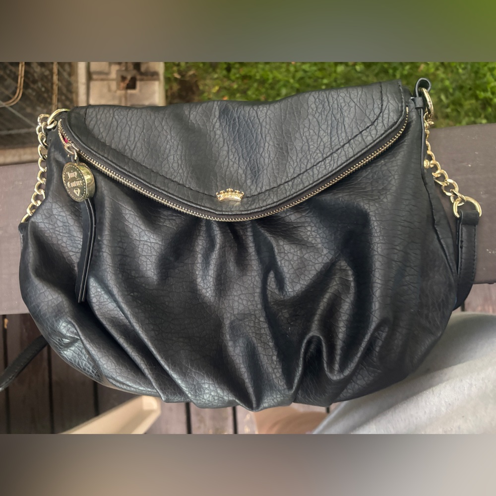 Y2K Juicy Couture Black Hobo Bag with Gold Chain Accents.
